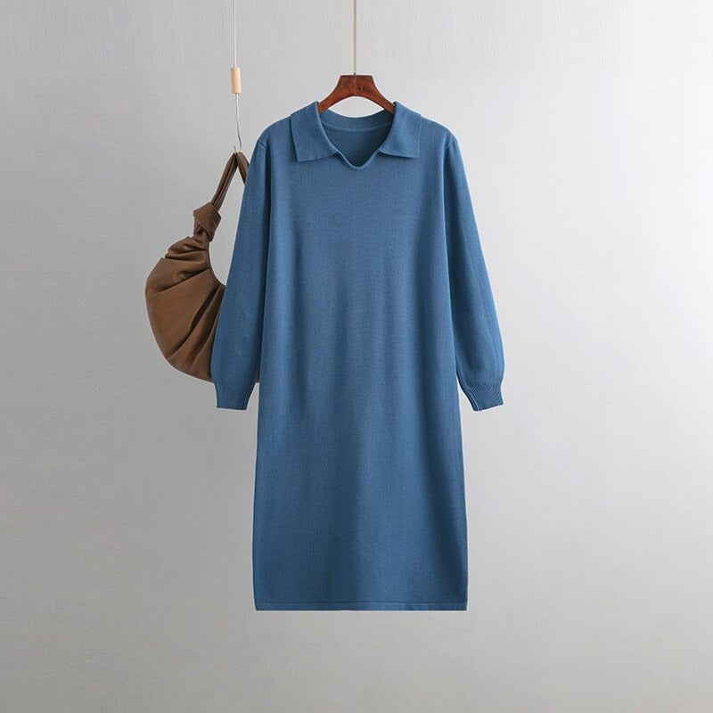 Polo Neck Loose Oversized Knitted Sweater Dress-Soco Hoodie