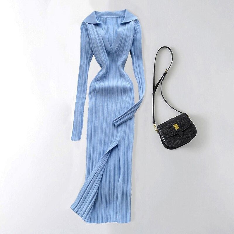 Slit Slim Knitted Square Neck Sheath Sweater Dress-Soco Hoodie