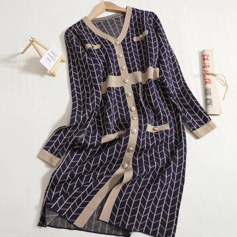 Mid-Length V-Neck Plaid Knitted Split Dress-Soco Hoodie
