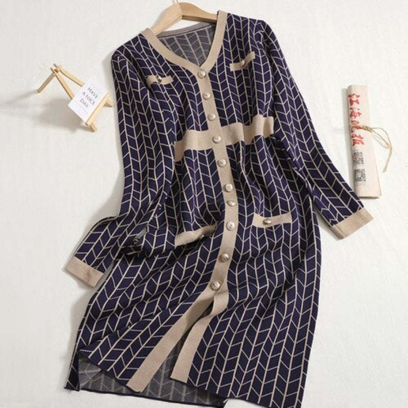 Mid-Length V-Neck Plaid Knitted Split Dress-Soco Hoodie