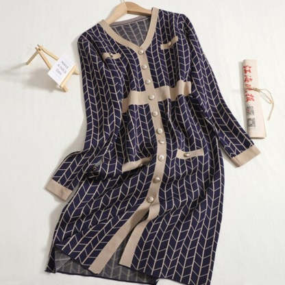 Mid-Length V-Neck Plaid Knitted Split Dress-Soco Hoodie