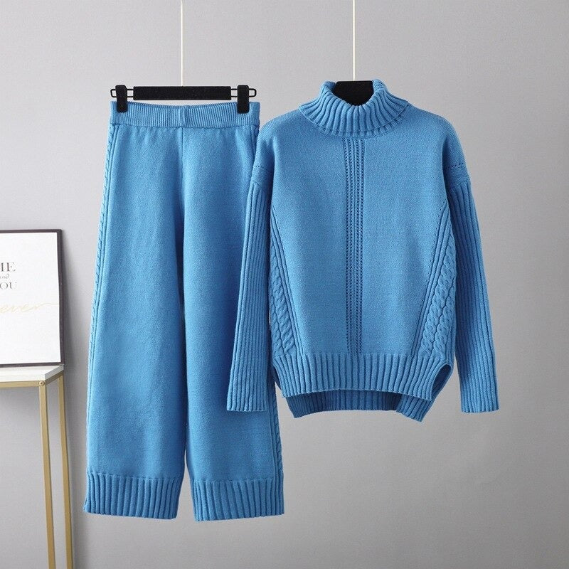 Turtleneck Thickened Knitted Sweater And Pants For Women-Soco Hoodie