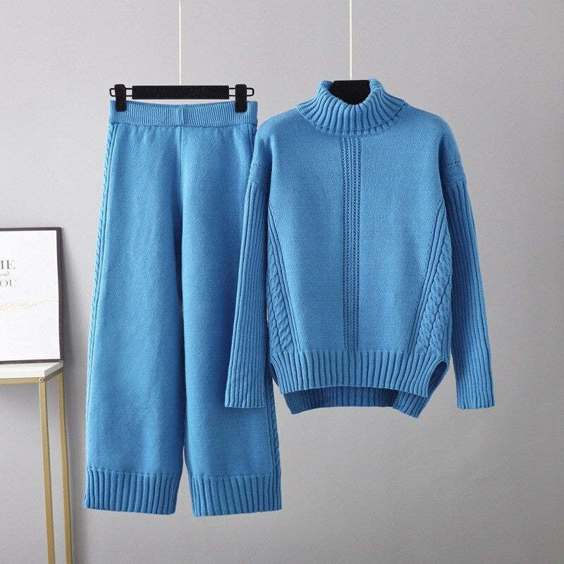 Turtleneck Thickened Knitted Sweater And Pants For Women-Soco Hoodie
