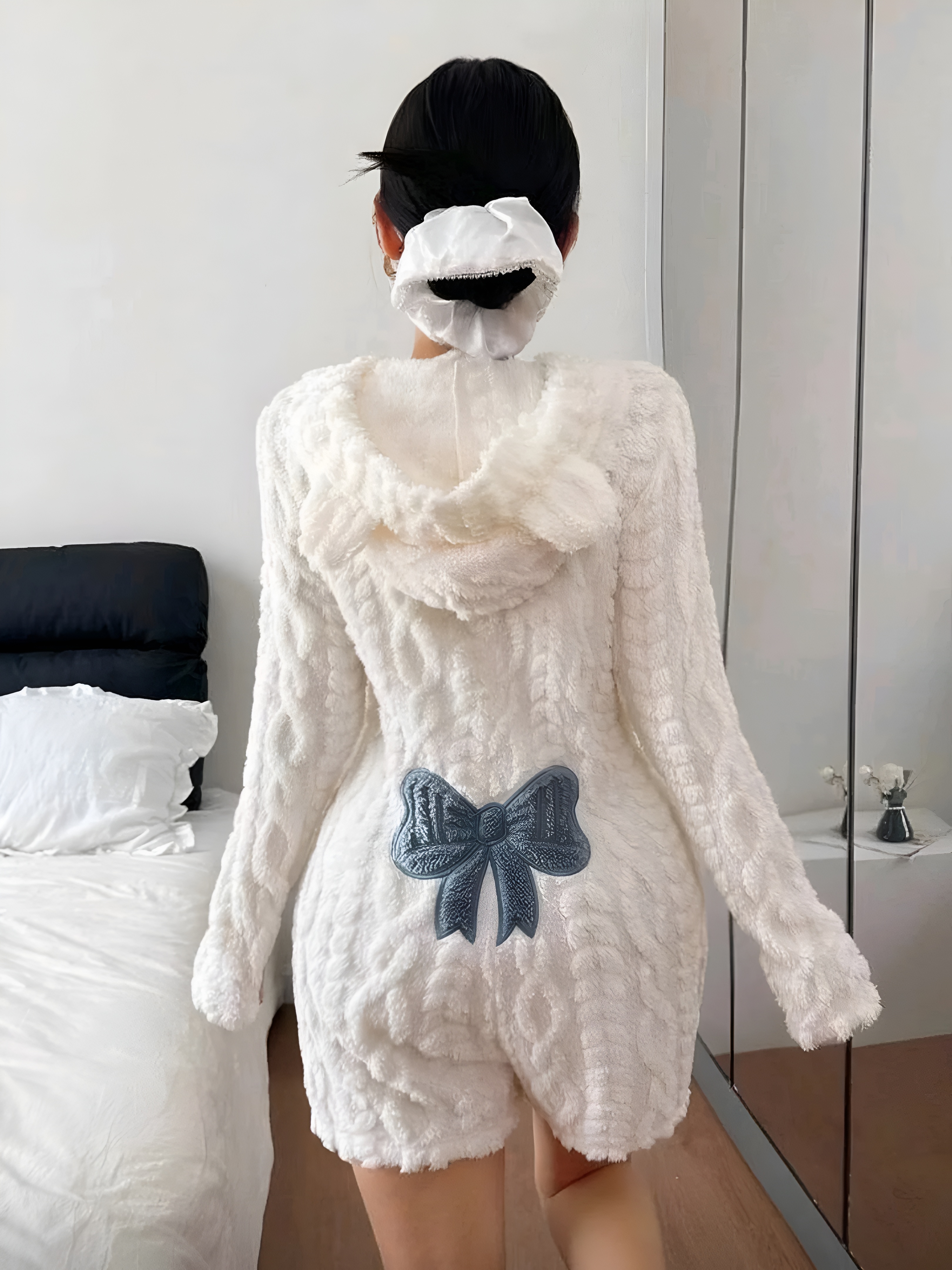 Bow Printed Soft Fleece Hooded Romper