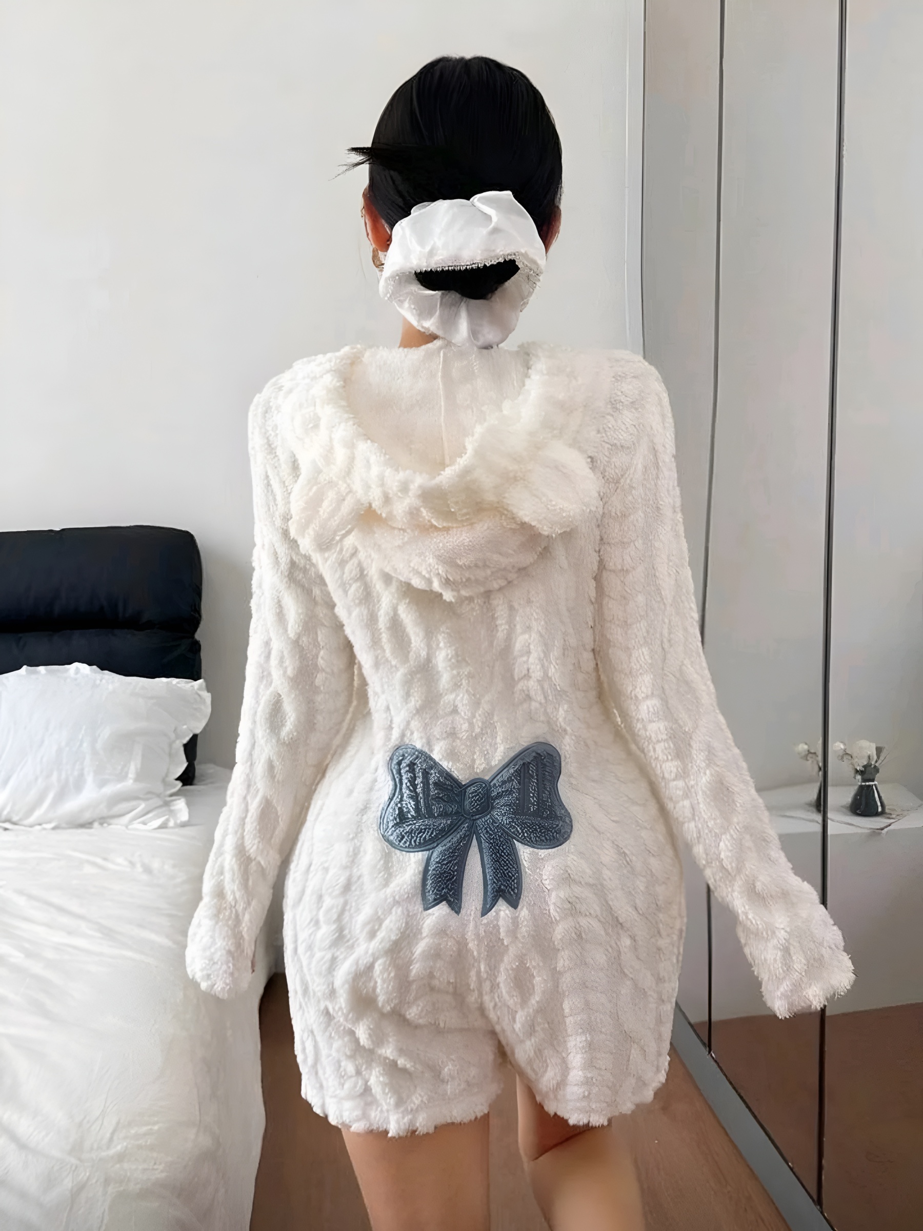 Bow Printed Soft Fleece Hooded Romper