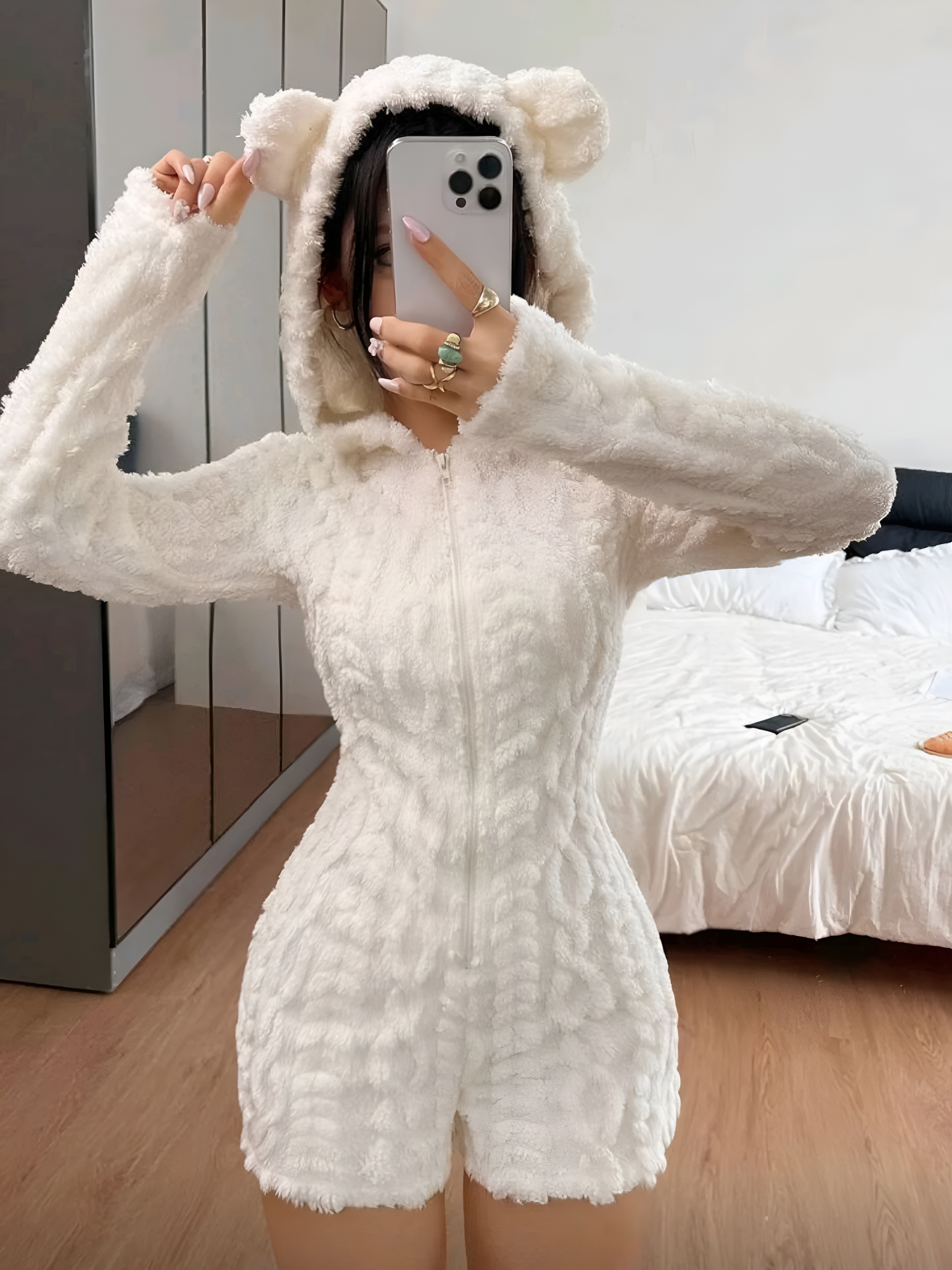 Bow Printed Soft Fleece Hooded Romper