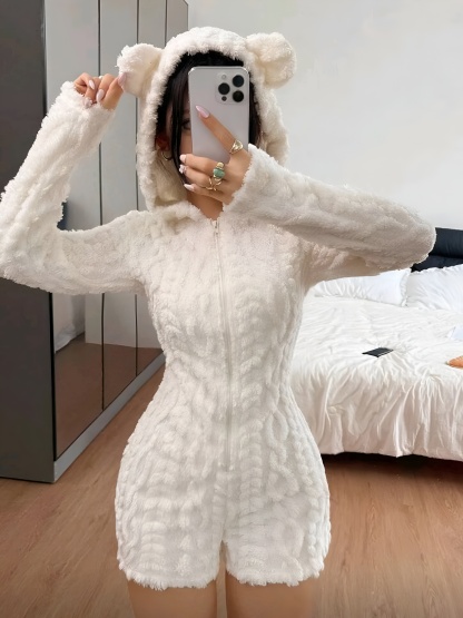 Bow Printed Soft Fleece Hooded Romper