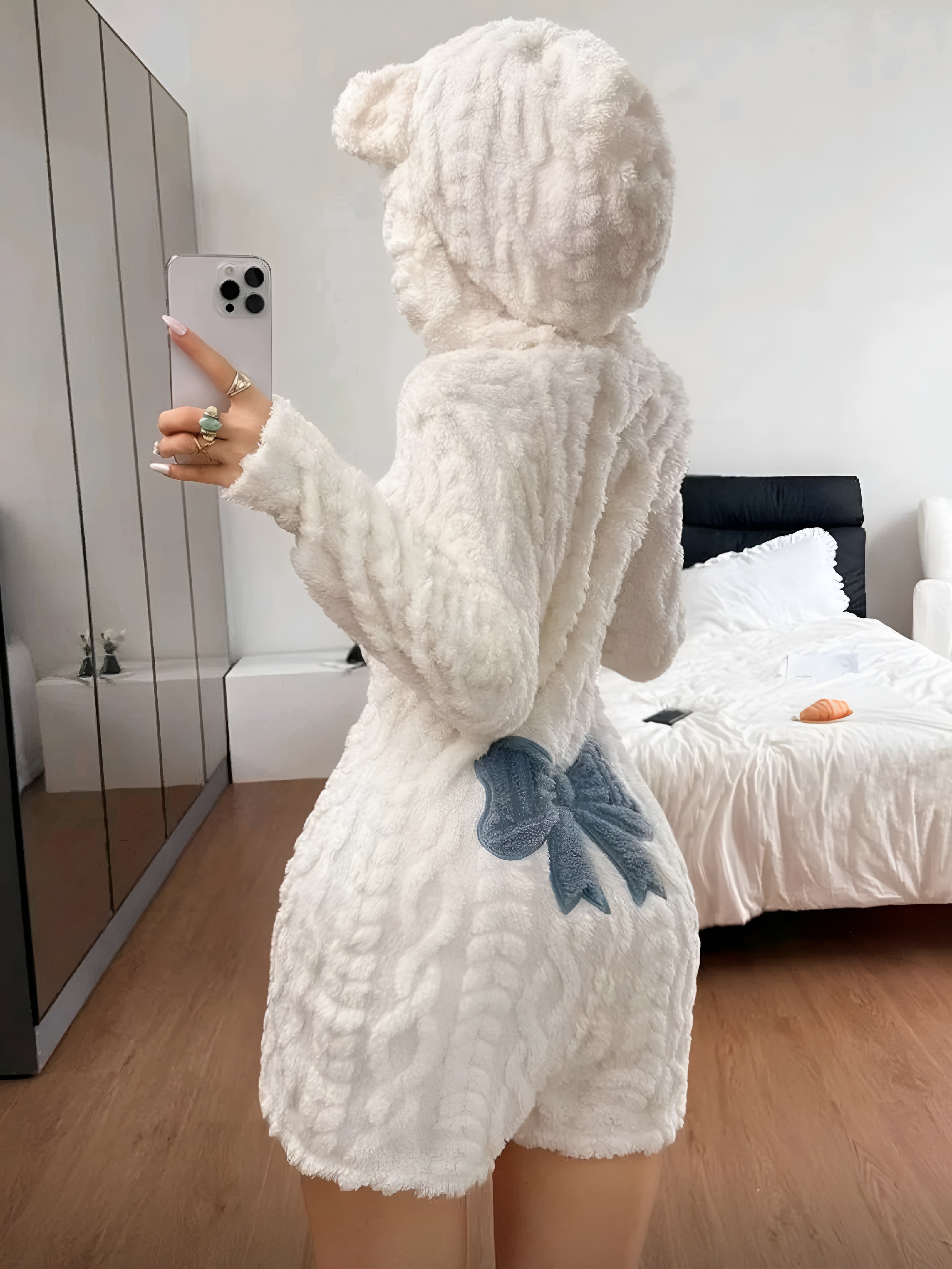 Bow Printed Soft Fleece Hooded Romper