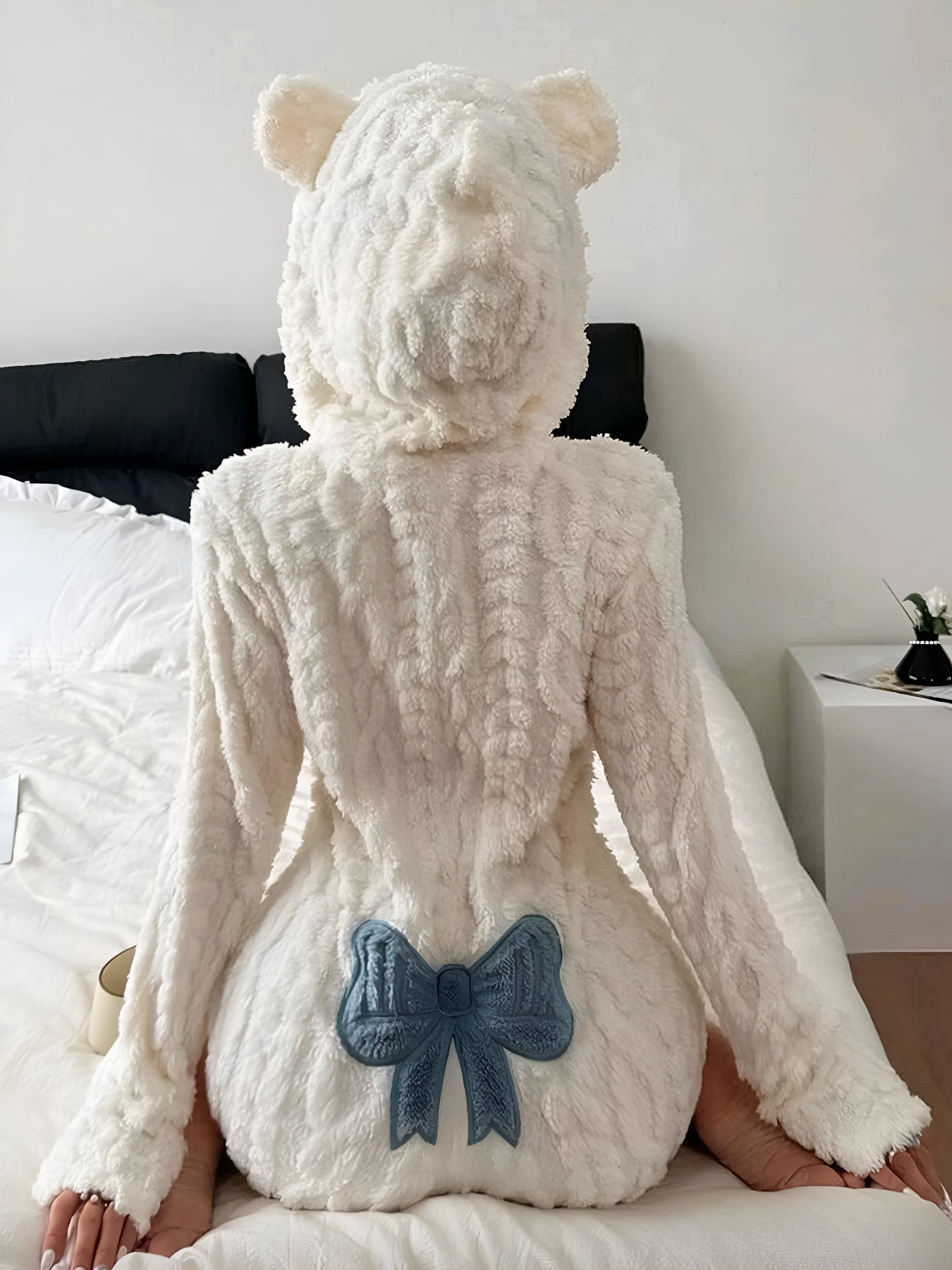 Bow Printed Soft Fleece Hooded Romper