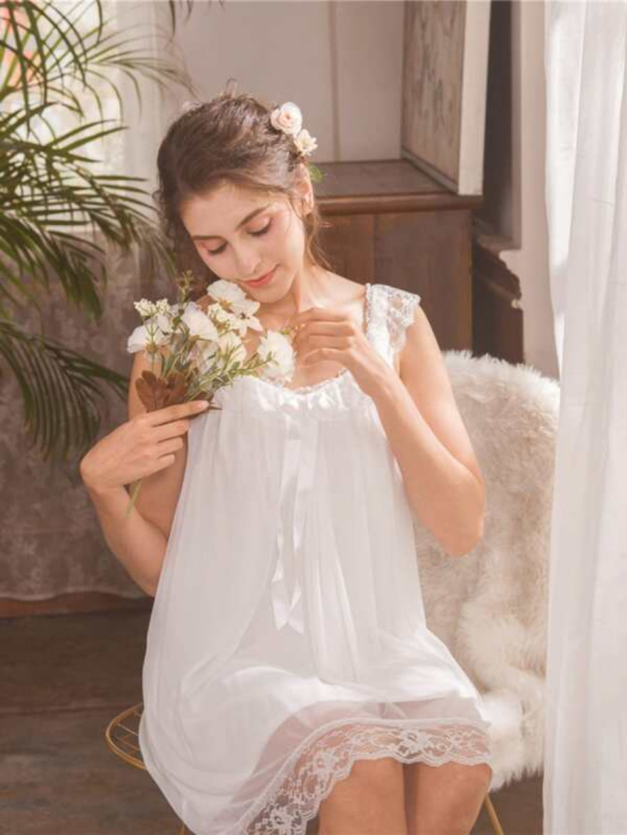 Bow Front Lace Trim Night Dress-Soco Hoodie