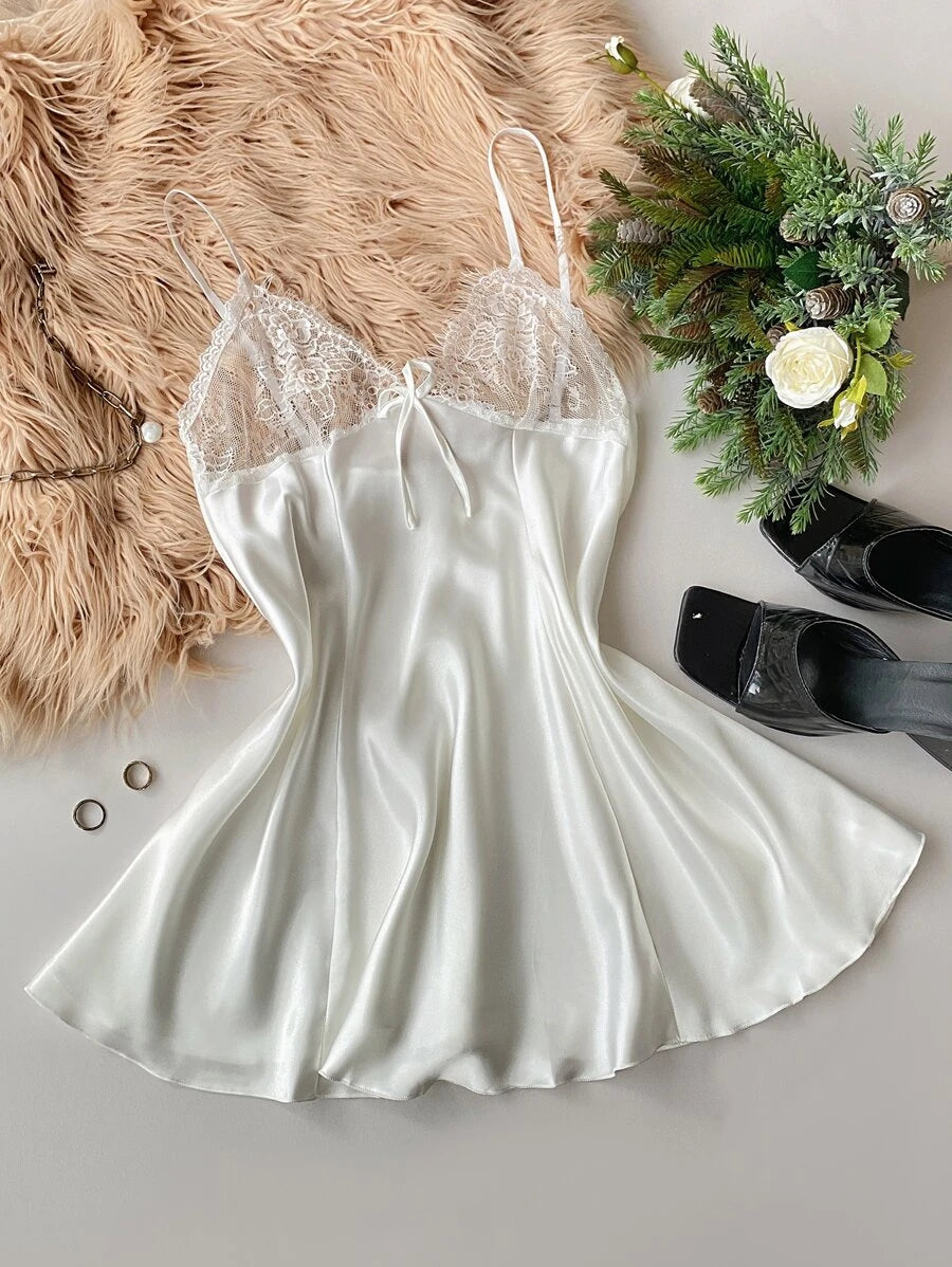 Bow Front Lace Trim Satin Slips-Soco Hoodie