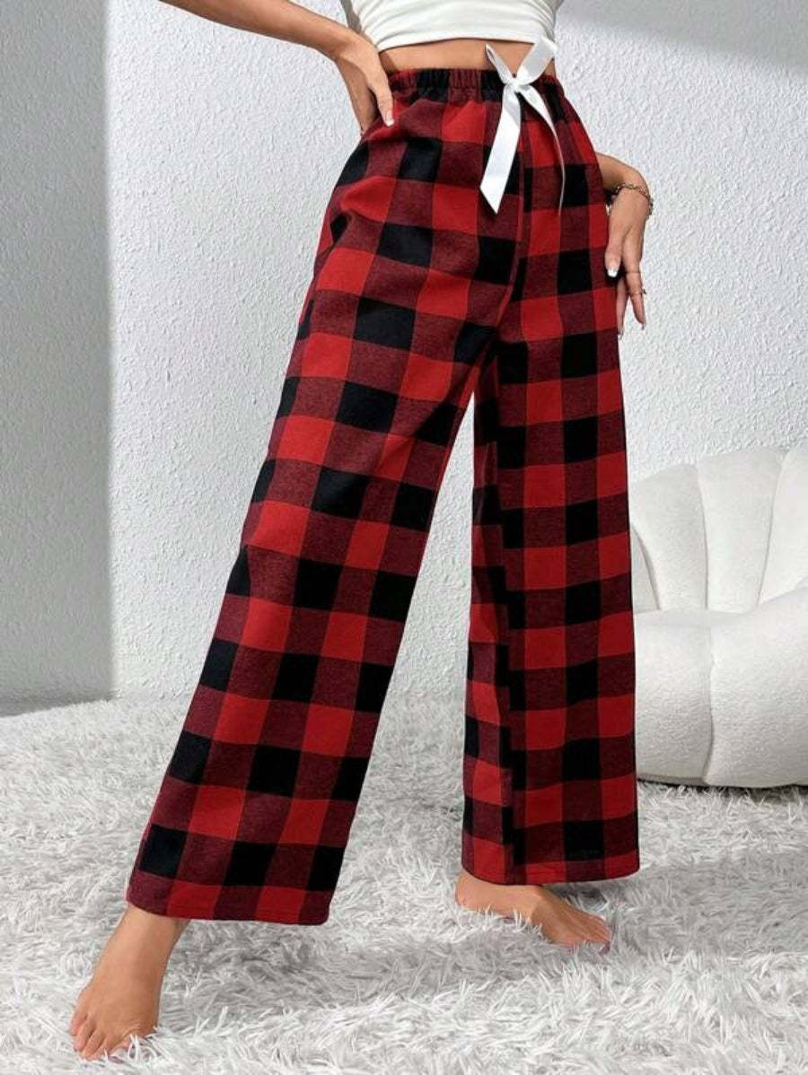 Bow Front Plaid Print Sleep Pants-Soco Hoodie