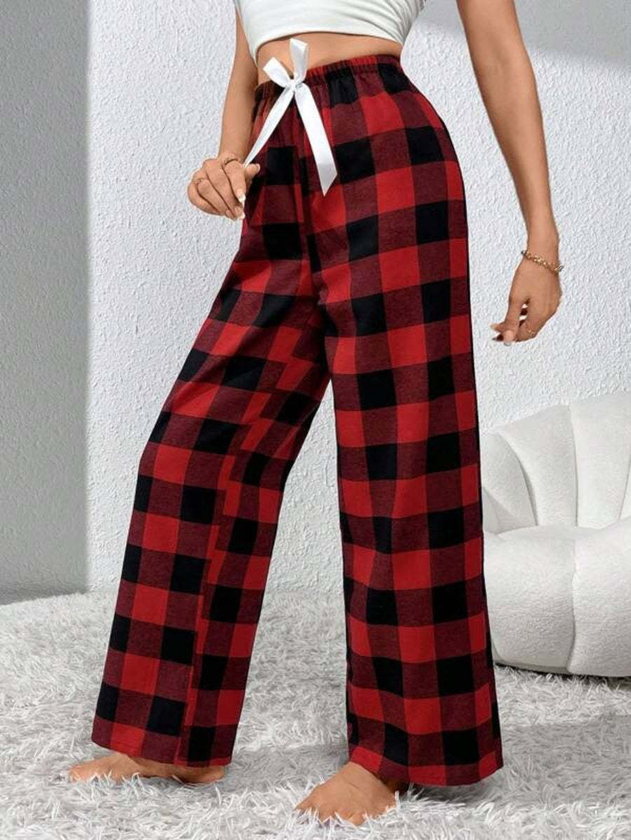 Bow Front Plaid Print Sleep Pants-Soco Hoodie