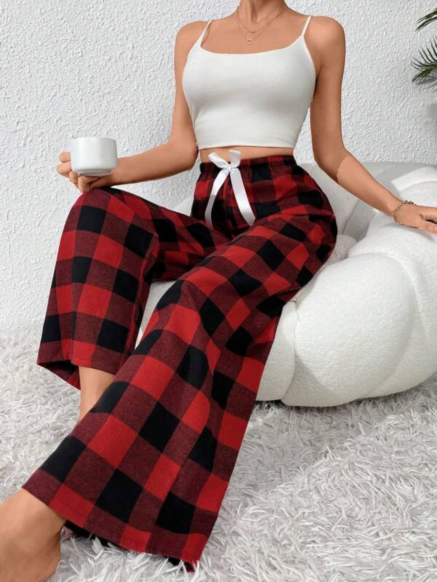 Bow Front Plaid Print Sleep Pants-Soco Hoodie