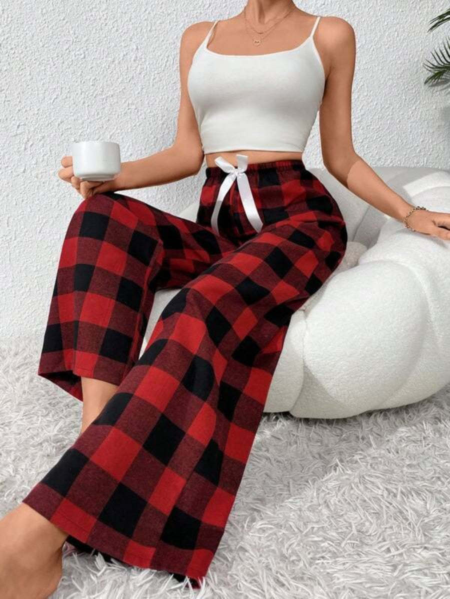 Bow Front Plaid Print Sleep Pants-Soco Hoodie