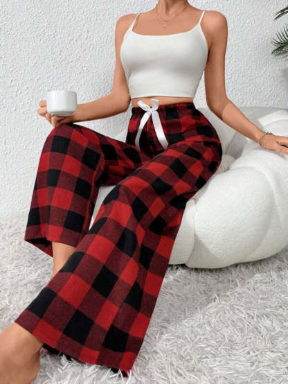 Bow Front Plaid Print Sleep Pants-Soco Hoodie
