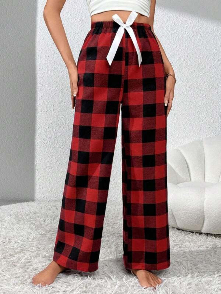 Bow Front Plaid Print Sleep Pants-Soco Hoodie