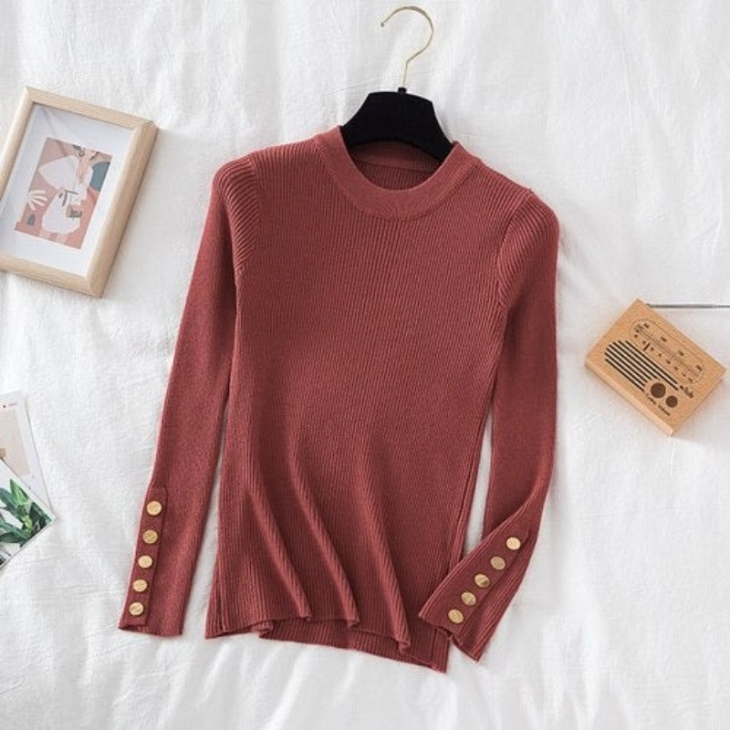 O-Neck Knitted Long Pullover With Buttons For Women-Soco Hoodie