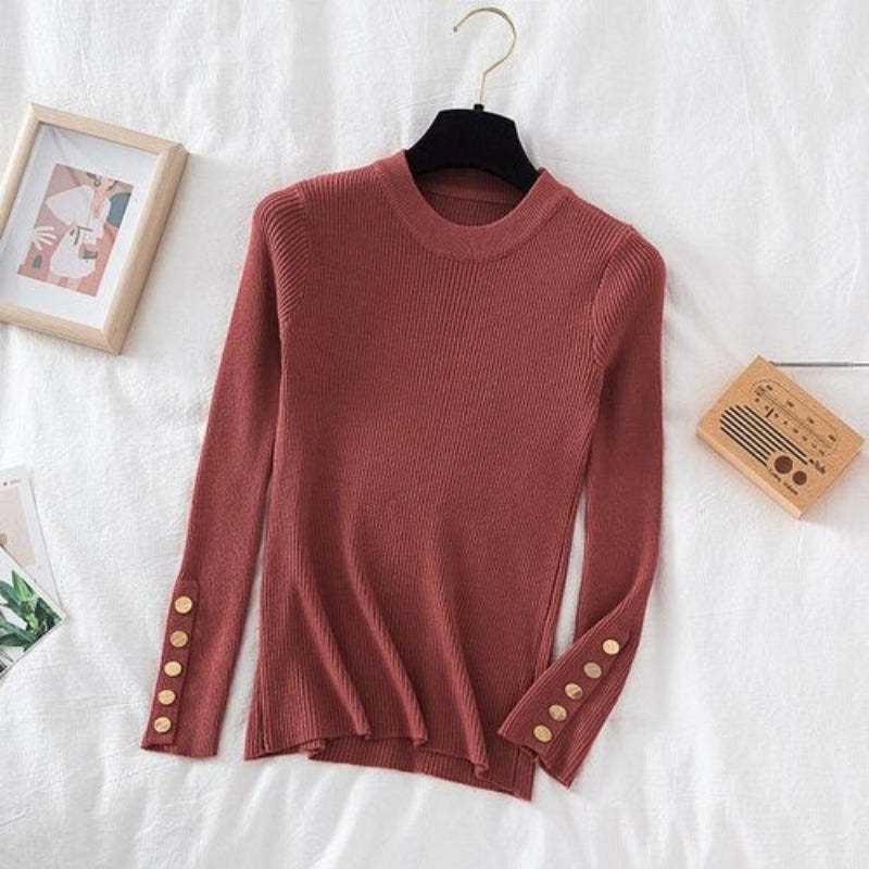 O-Neck Knitted Long Pullover With Buttons For Women-Soco Hoodie