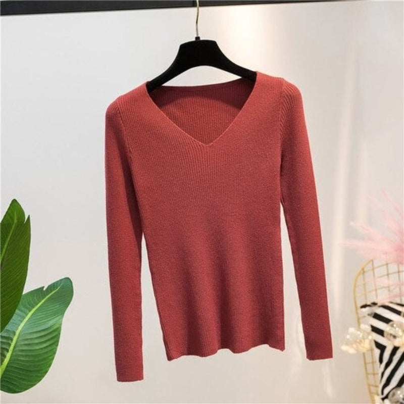 V-Neck Knitted Long-Sleeved Slim Tight Pullover For Women-Soco Hoodie