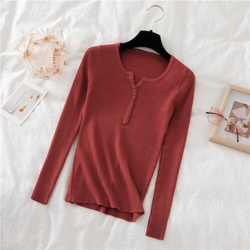 V-Neck Knitted Thin Long Sleeves Pullover For Women-Soco Hoodie