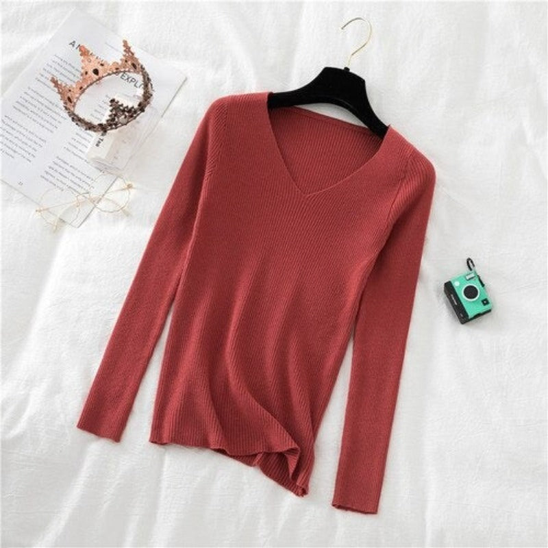 V-Neck Long-Sleeved Woolen Knitted Pullover For Women-Soco Hoodie