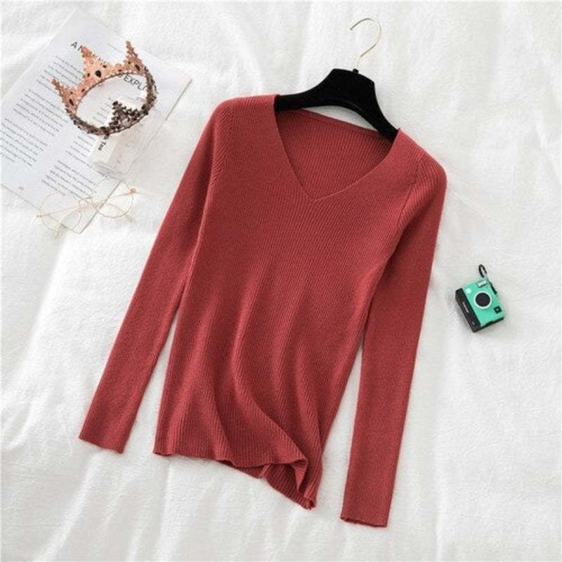 V-Neck Long-Sleeved Woolen Knitted Pullover For Women-Soco Hoodie