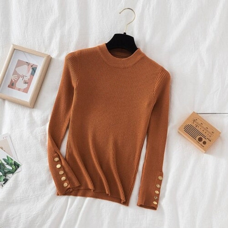 O-Neck Knitted Long Pullover With Buttons For Women-Soco Hoodie
