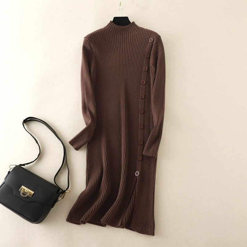 Mock Neck Side Slit Knitted Sweater Dress-Soco Hoodie