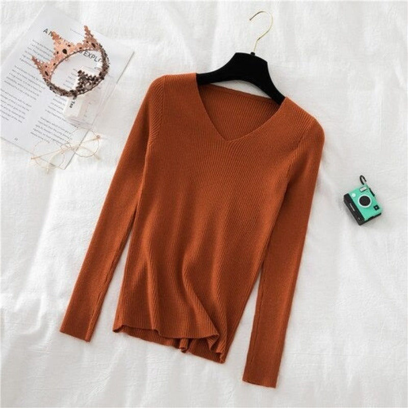 V-Neck Long-Sleeved Woolen Knitted Pullover For Women-Soco Hoodie