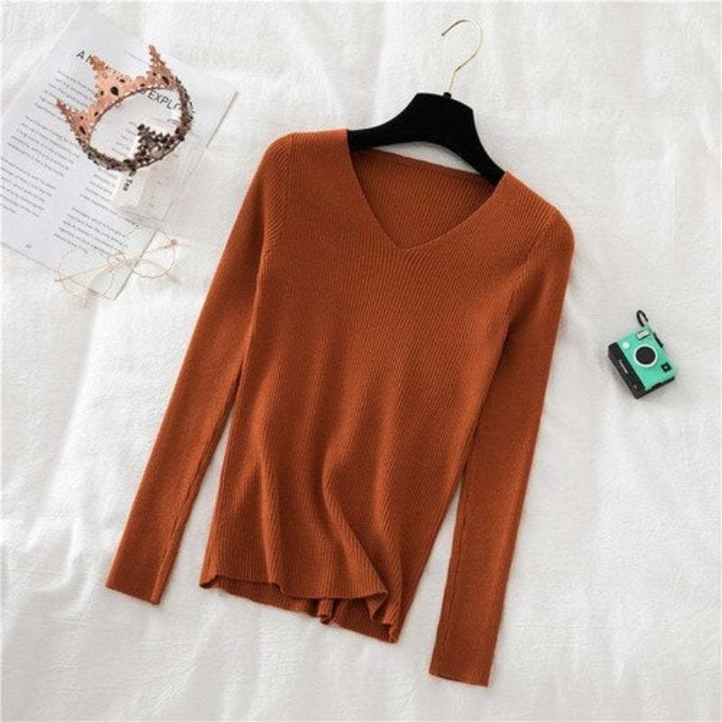 V-Neck Long-Sleeved Woolen Knitted Pullover For Women-Soco Hoodie