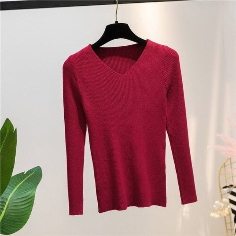 V-Neck Knitted Long-Sleeved Slim Tight Pullover For Women-Soco Hoodie