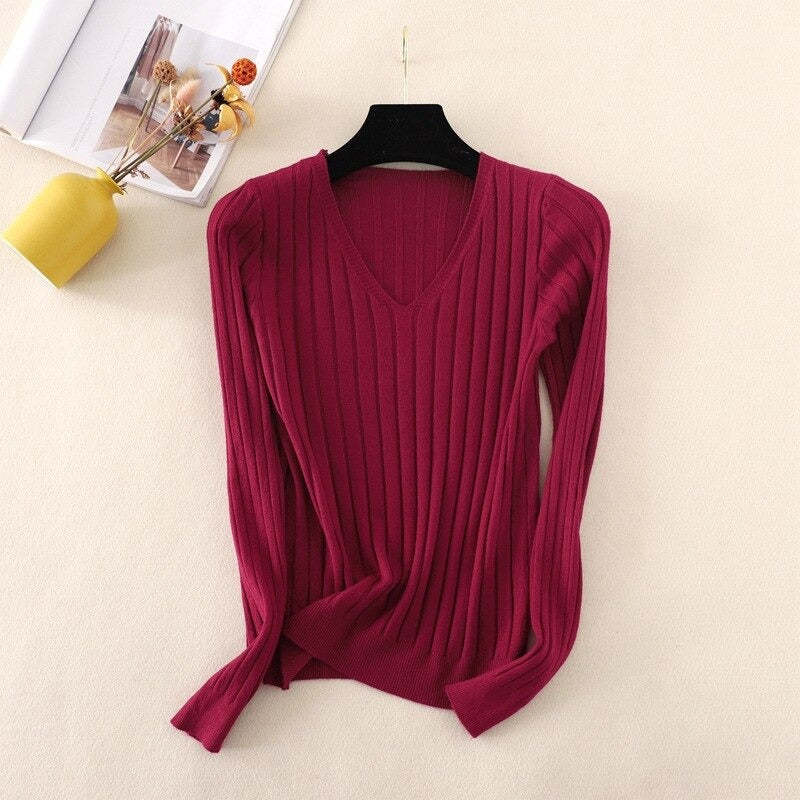 Basic V-Neck Solid Bodycon Knitted Sweater For Women-Soco Hoodie