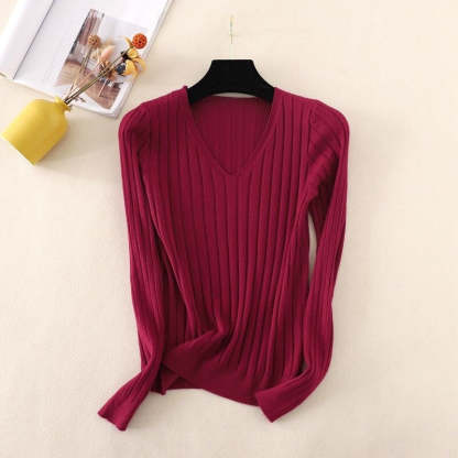 Basic V-Neck Solid Bodycon Knitted Sweater For Women-Soco Hoodie
