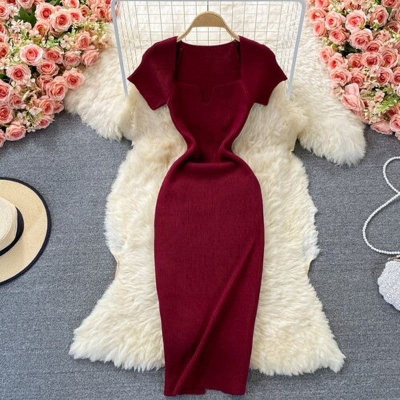 Knitted Square Neck Short Sleeve Dress For Women-Soco Hoodie