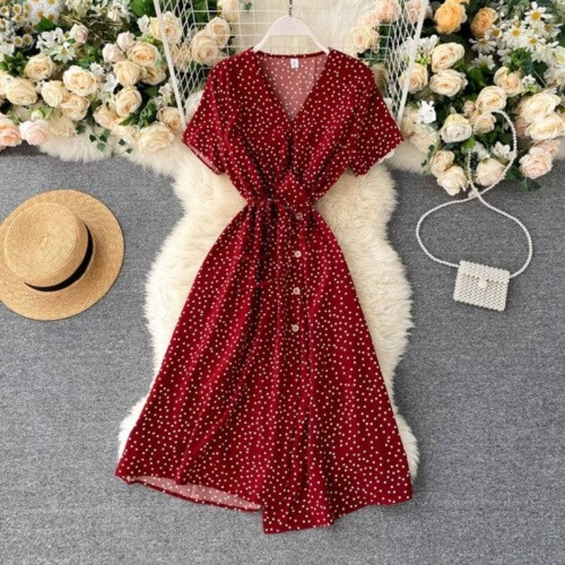 Korean V-neck Polka Dot Shorts Sleeve Dress For Women-Soco Hoodie