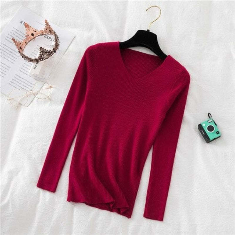 V-Neck Long-Sleeved Woolen Knitted Pullover For Women-Soco Hoodie