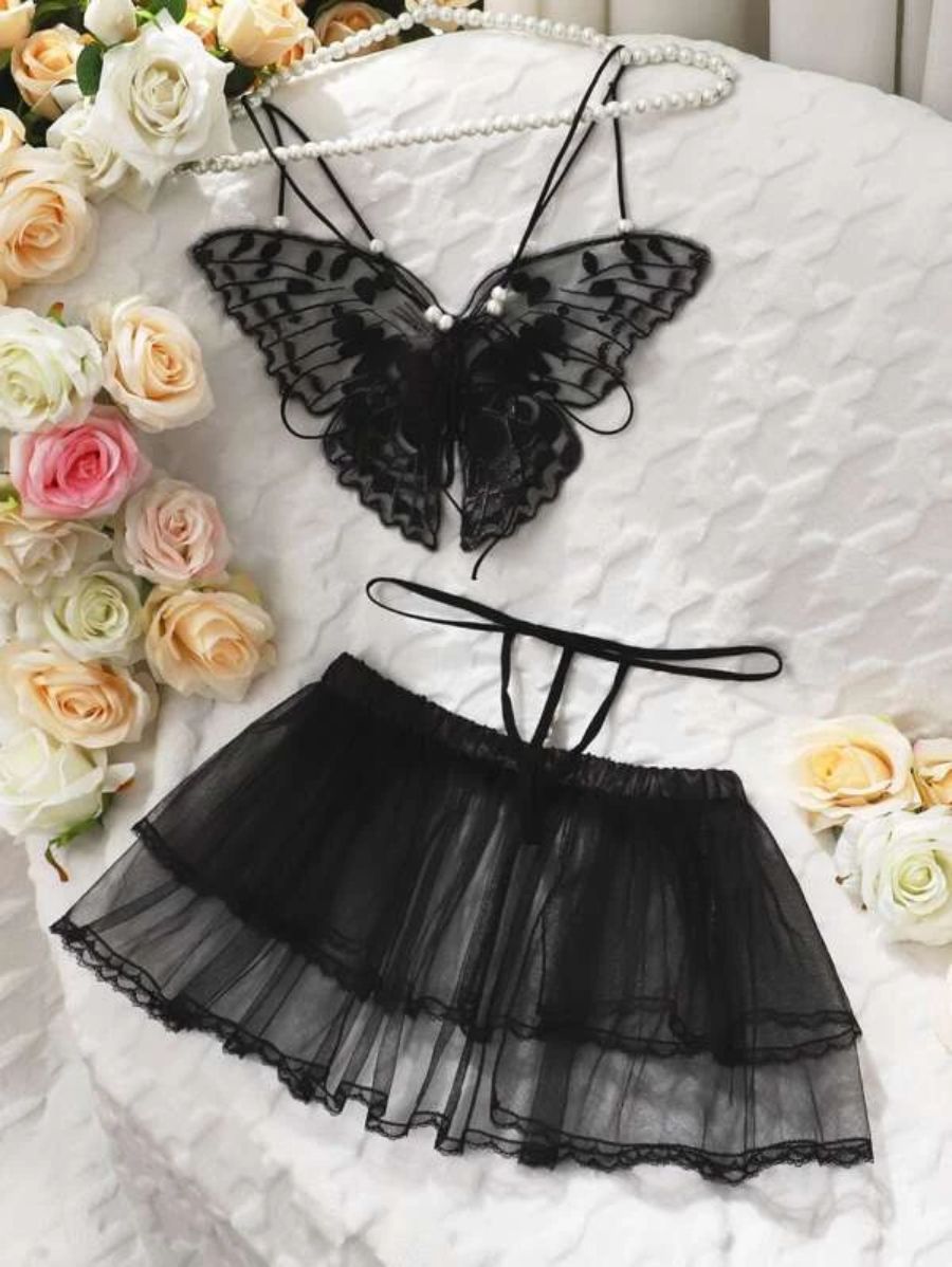 Butterfly Pattern Mesh Lingerie Set-Soco Hoodie