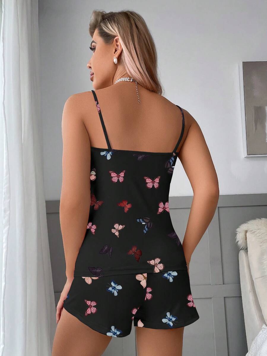 Butterfly Print Cami Top And Bow Front Shorts Set-Soco Hoodie