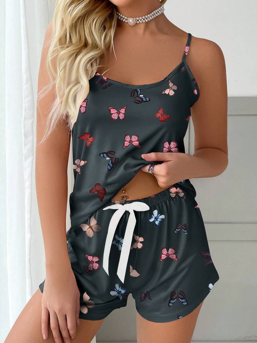 Butterfly Print Cami Top And Bow Front Shorts Set-Soco Hoodie