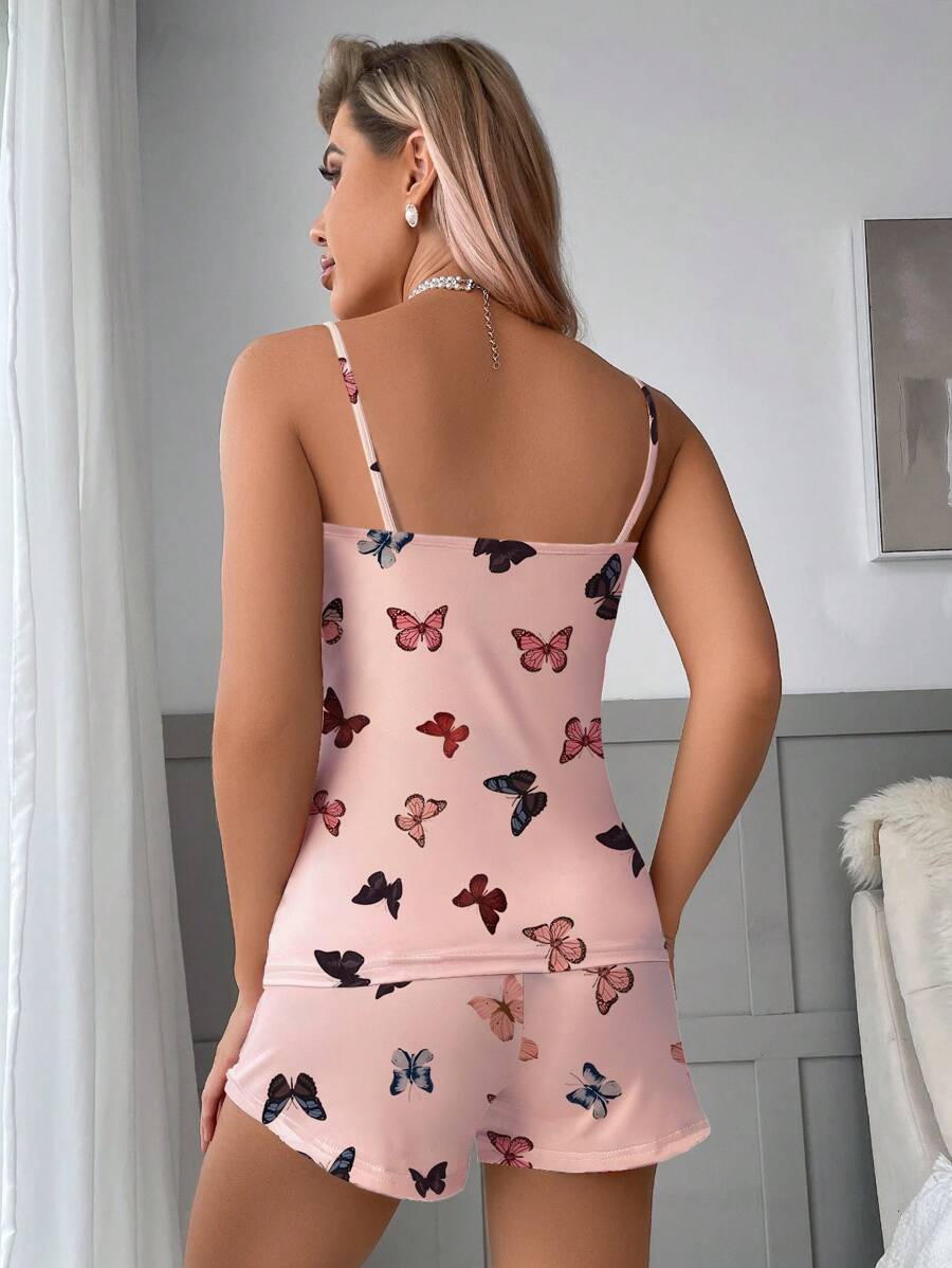 Butterfly Print Cami Top And Bow Front Shorts Set-Soco Hoodie