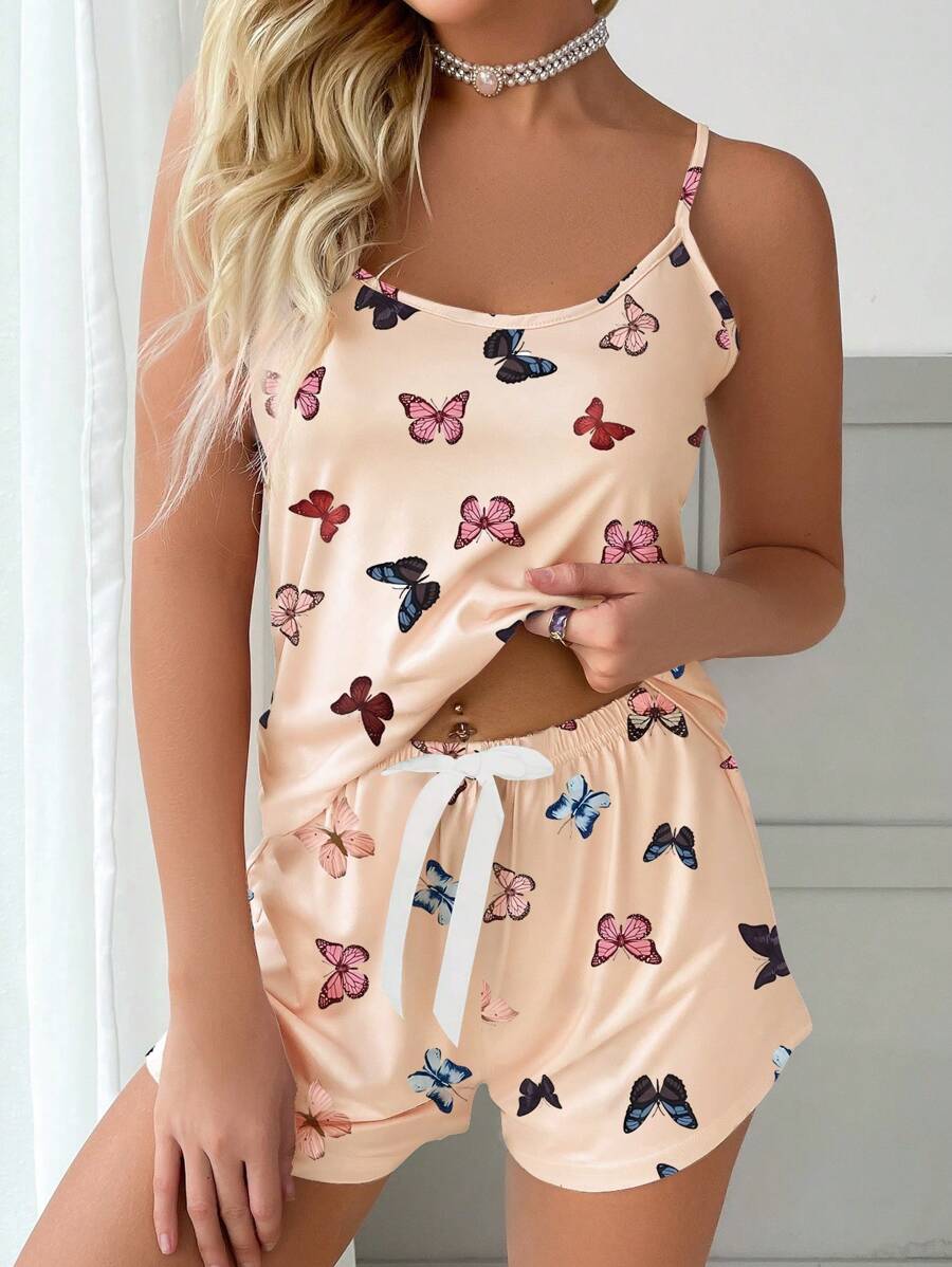Butterfly Print Cami Top And Bow Front Shorts Set-Soco Hoodie