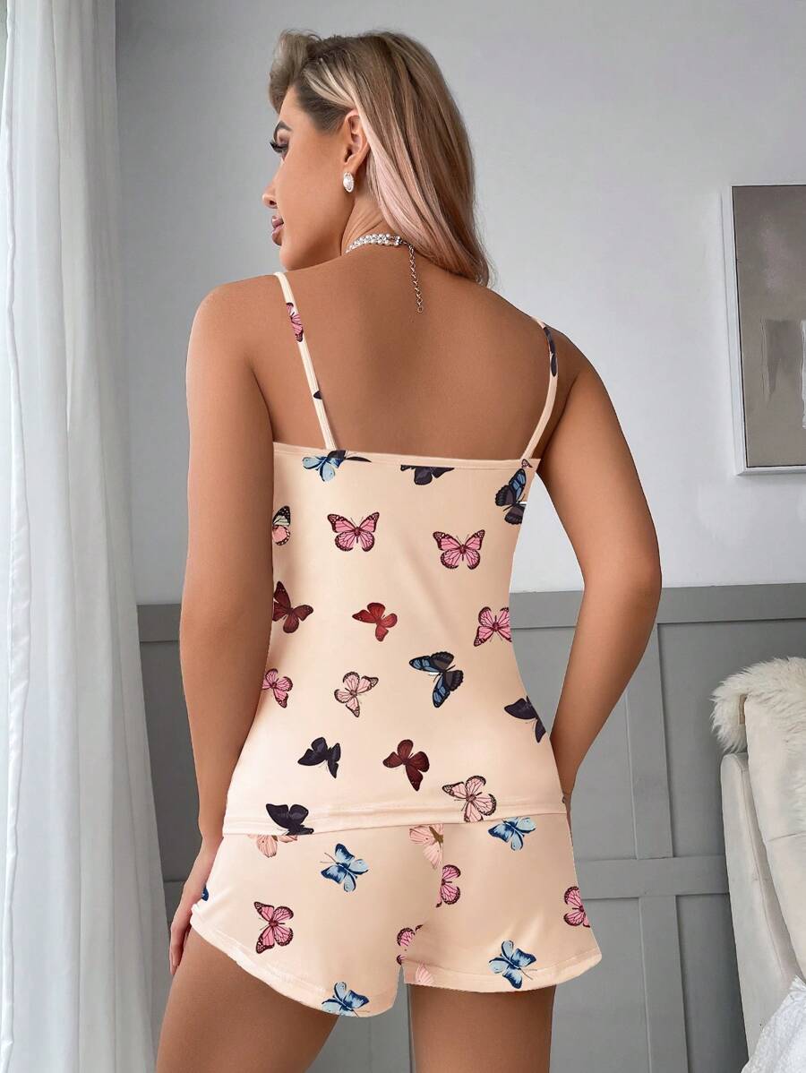 Butterfly Print Cami Top And Bow Front Shorts Set-Soco Hoodie