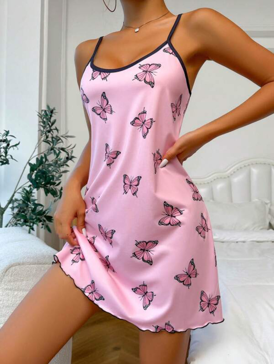 Butterfly Print Contrast Binding Lettuce Trim Cami Nightdress-Soco Hoodie