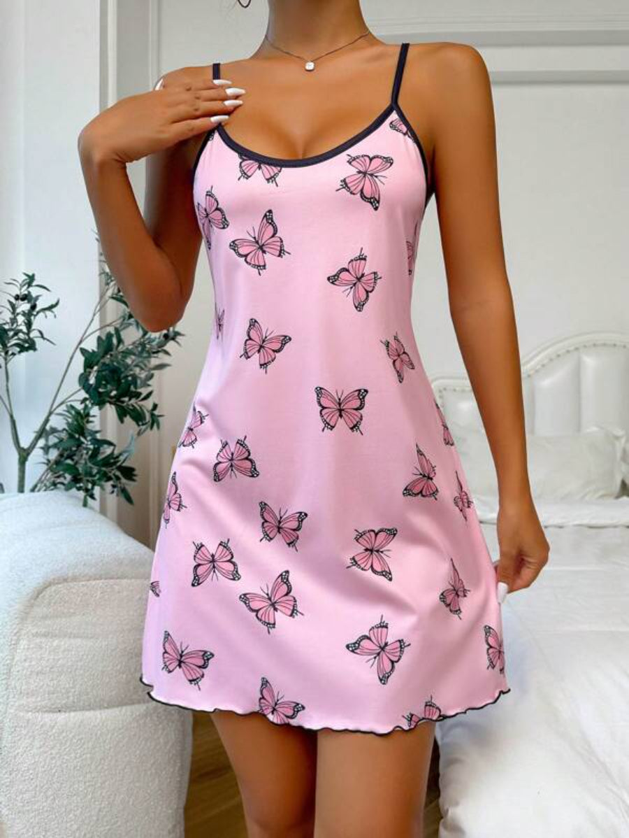 Butterfly Print Contrast Binding Lettuce Trim Cami Nightdress-Soco Hoodie