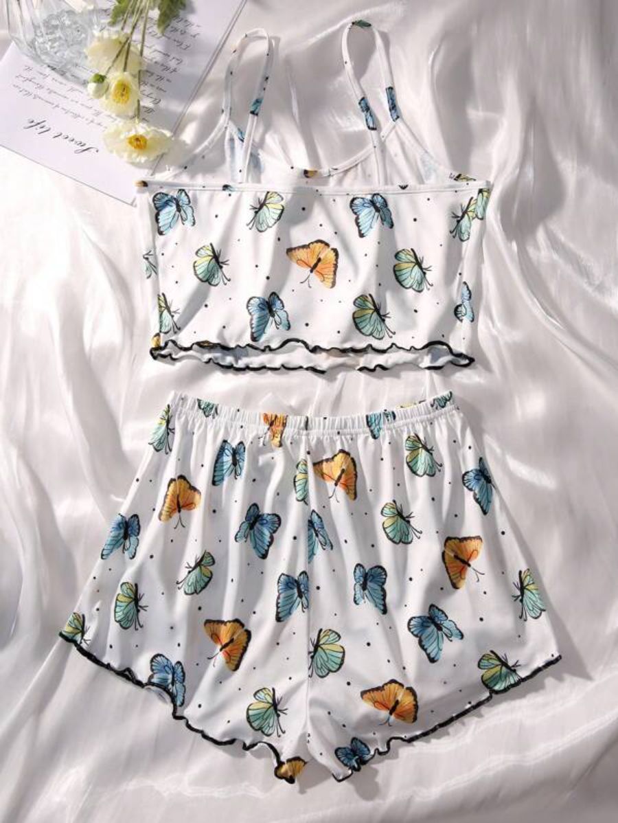Butterfly Printed Lettuce Trim Pajama Set-Soco Hoodie