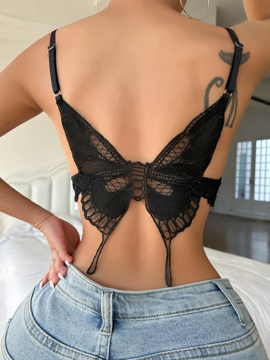 Butterfly Shaped Detail Bow Front Lace Bralette-Soco Hoodie