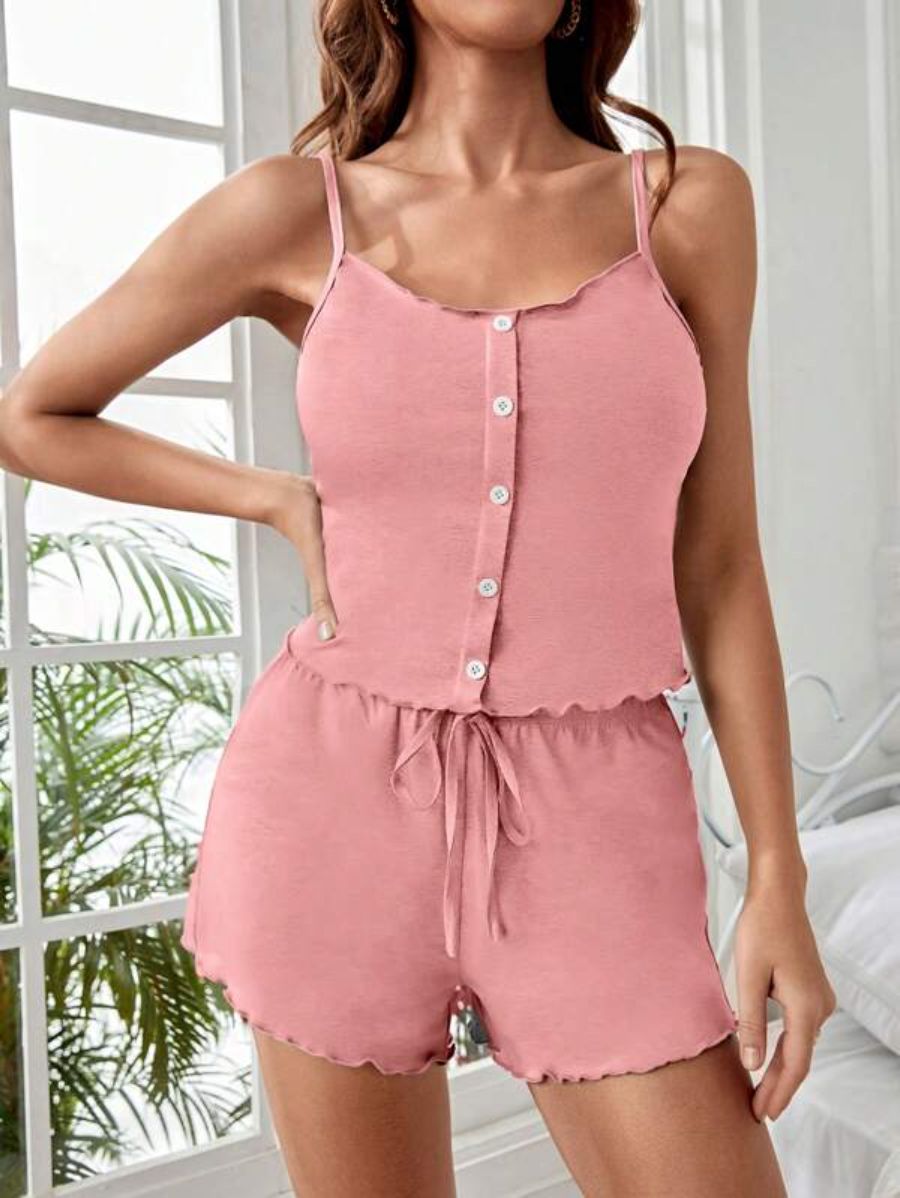 Button Front Cami Top And Shorts Lounge Set-Soco Hoodie
