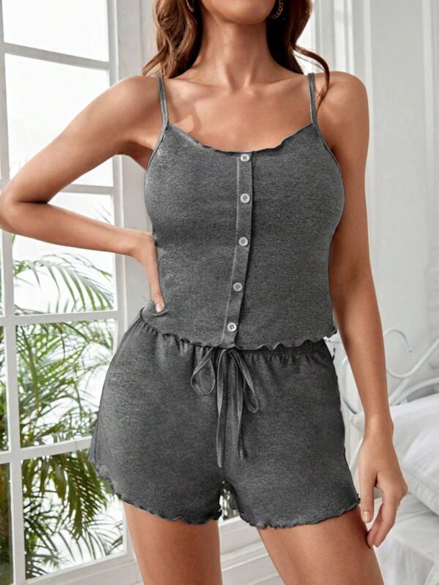 Button Front Cami Top And Shorts Lounge Set-Soco Hoodie