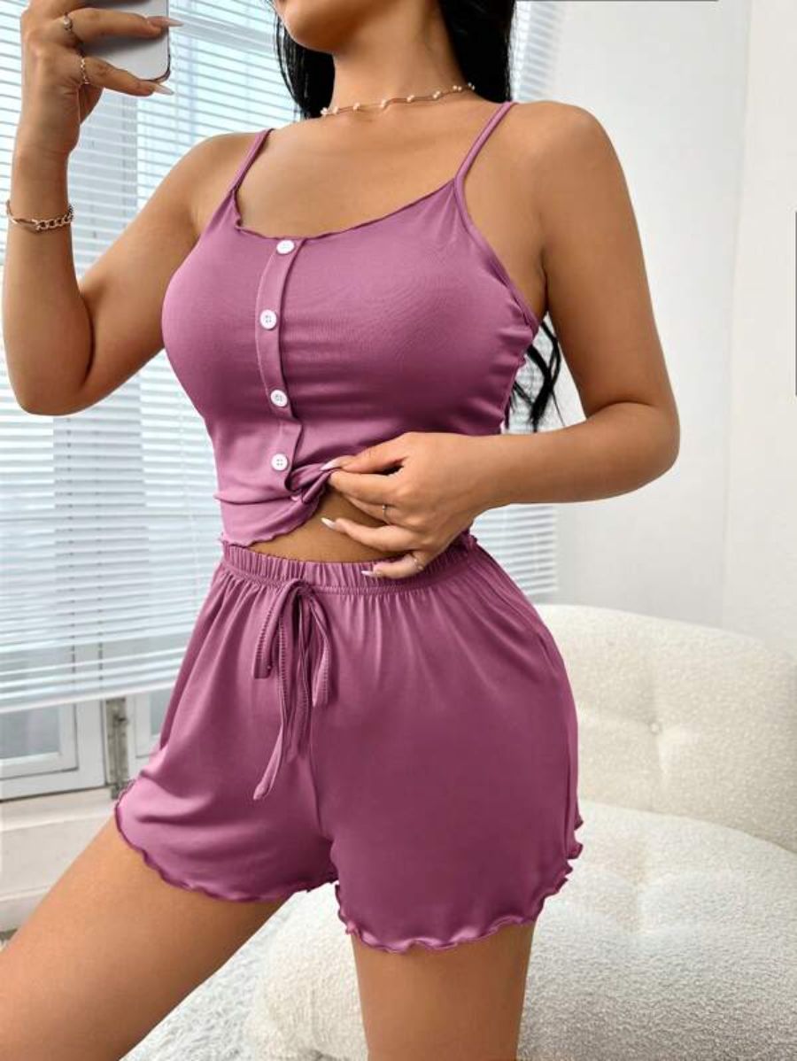 Button Front Cami Top And Shorts Lounge Set-Soco Hoodie